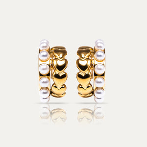 ALICE - Double Huggie Hoops with Hearts & Pearls - Trendy 18K Gold  Earrings.