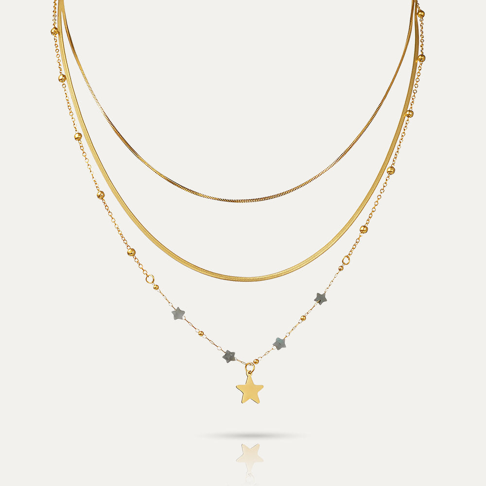 ORION - 18k Gold-Plated Orion Layered Necklace |Two Snake Chains and One Sphere & Star Design chain with Pendant, Hypoallergenic